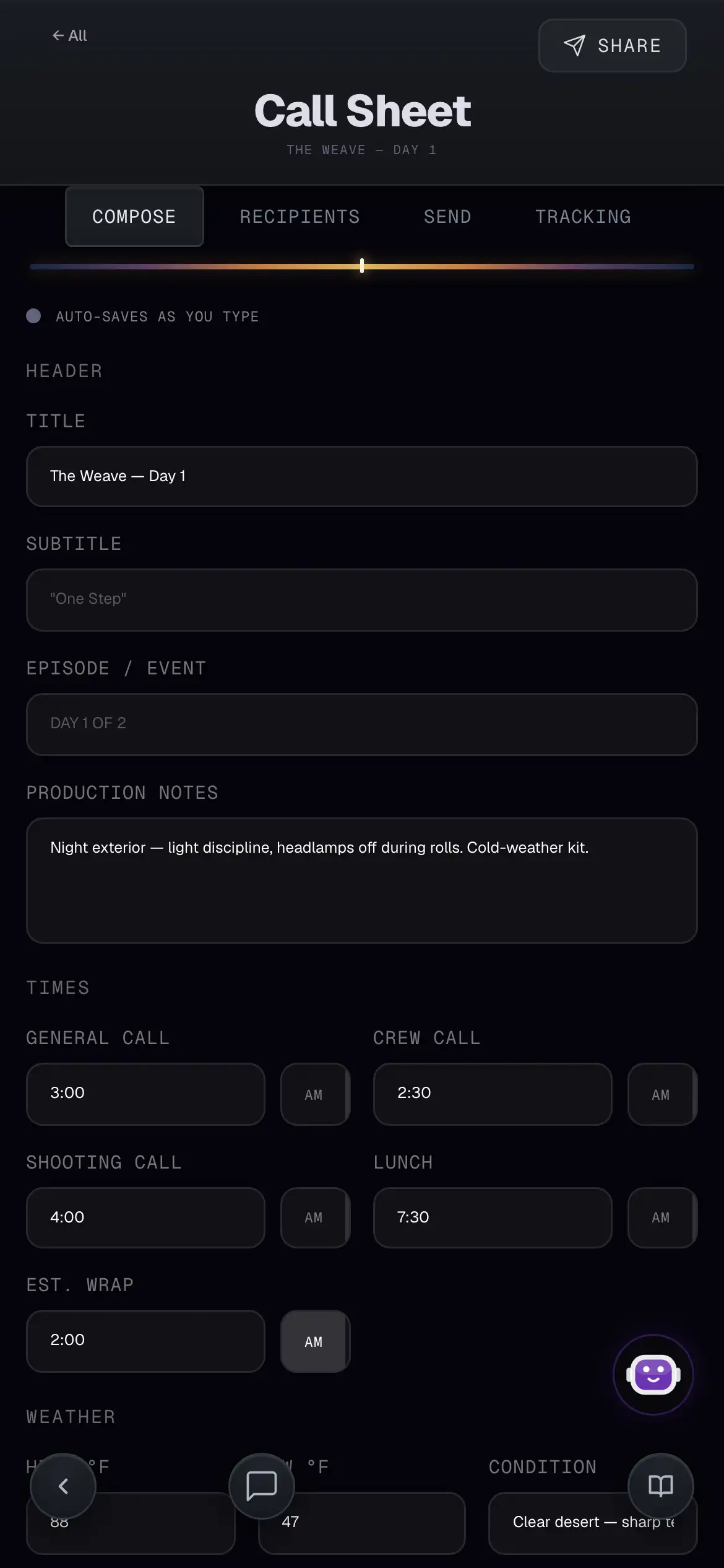 Day 1 call sheet for The Weave in Back to One on mobile
