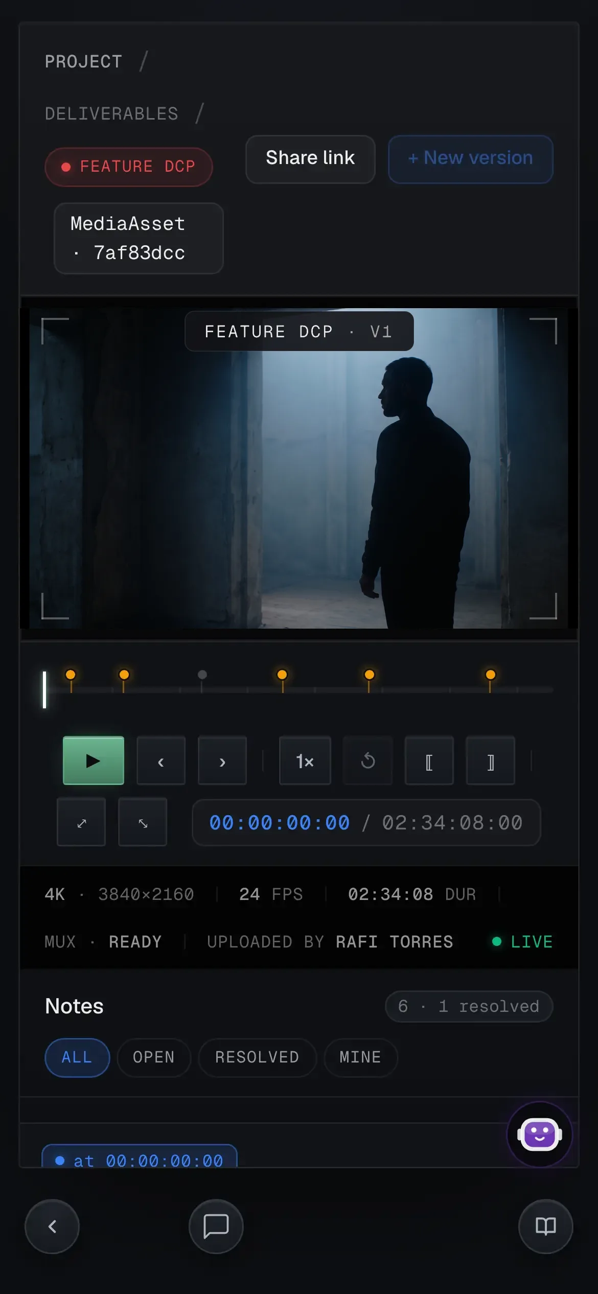 Review player with timecoded comments on a cut of The Weave, on mobile