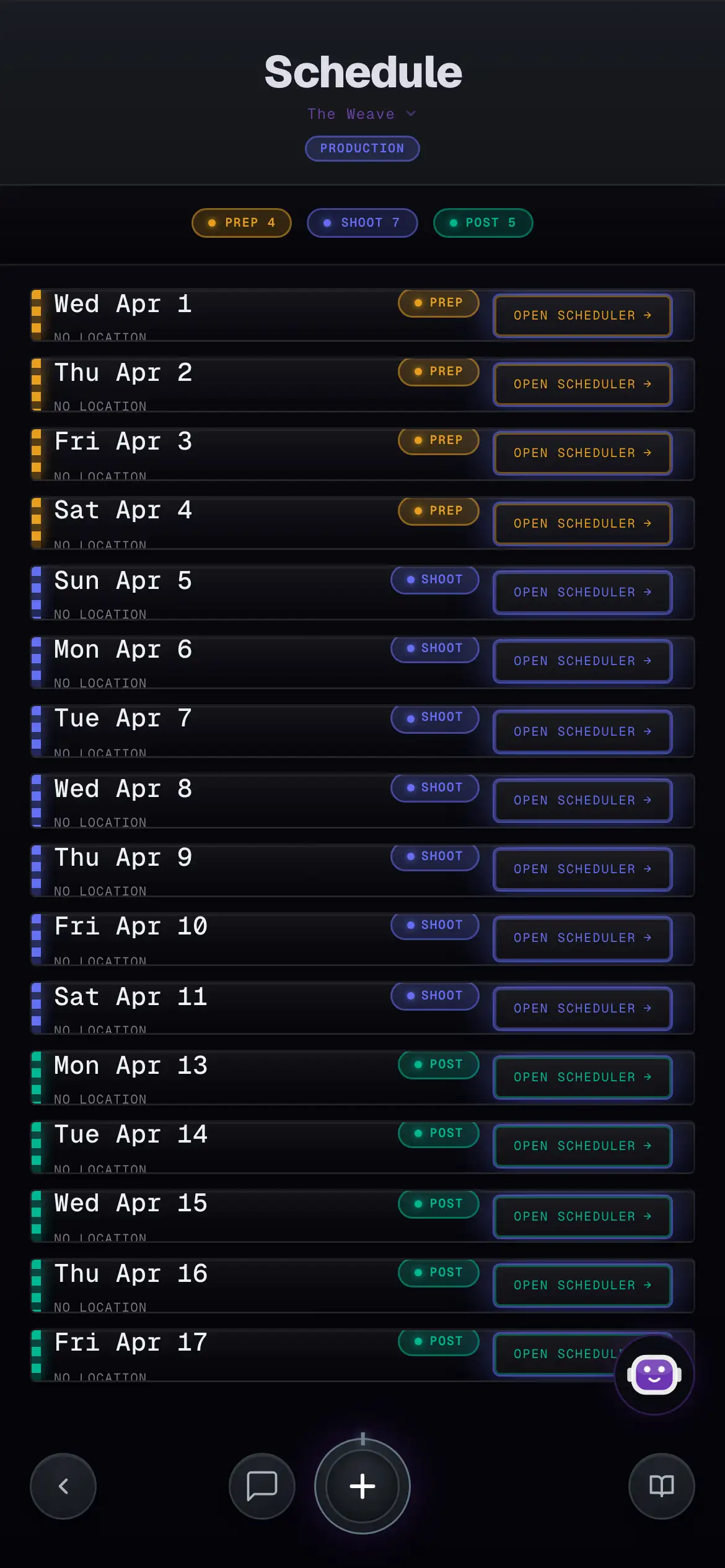 Shoot schedule for The Weave in Back to One on mobile